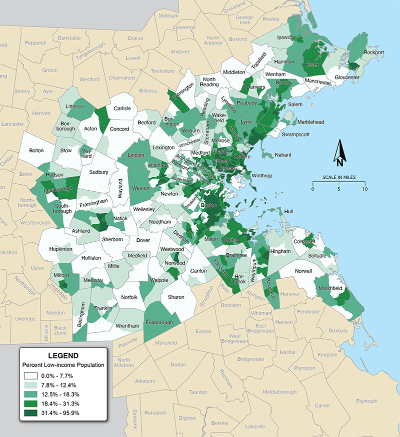 Figure 2b shows the percent of the low-income population living in each Census tract in the Boston MPO region in 2016–20. 